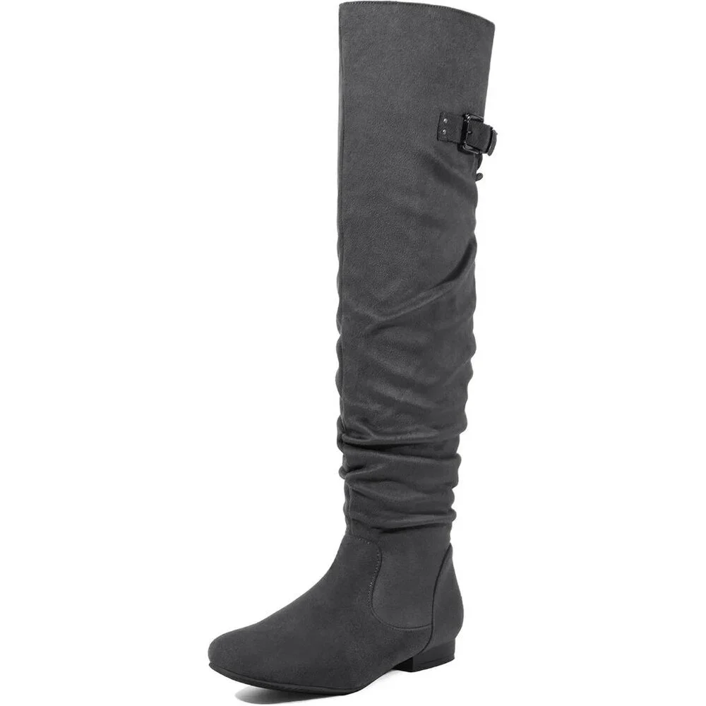Women's Grey Suede Over The Knee Thigh High Winter Low Heel Western Boots